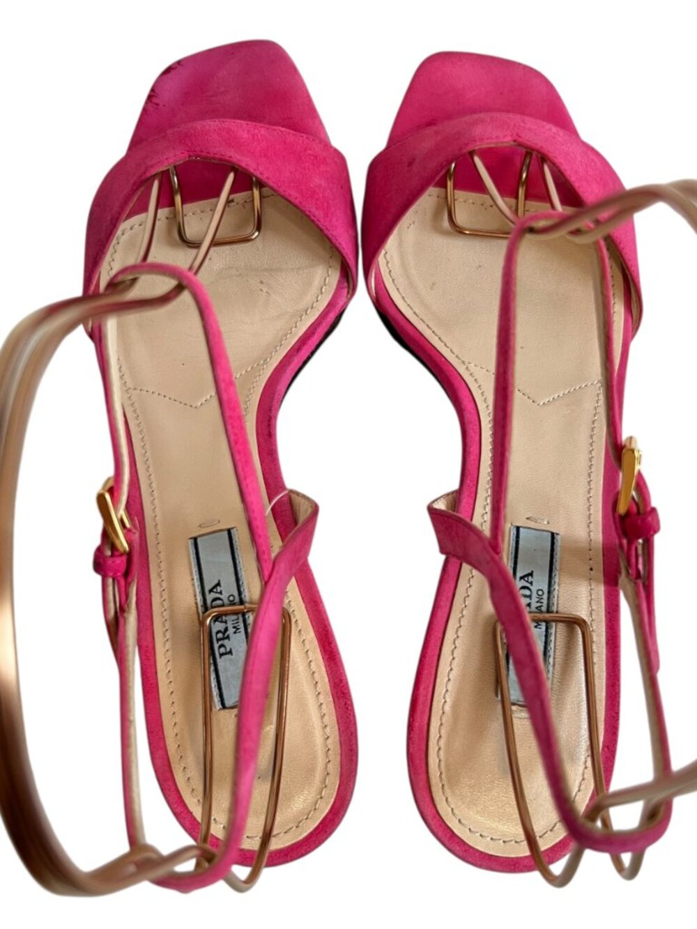 Prada high heel sandals pink suede 37.5 square toe ankle strap - Picture 5 of 15